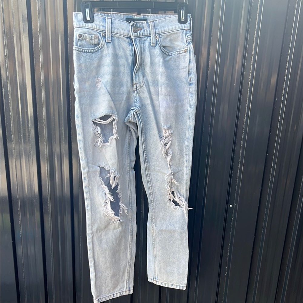 Aeropostale Mom Jeans Size 000 Light Wash Blue Distressed Ripped High Rise Denim